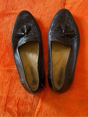 Santoni Black Leather Tassel Woven Loafers - 9.5 men’s